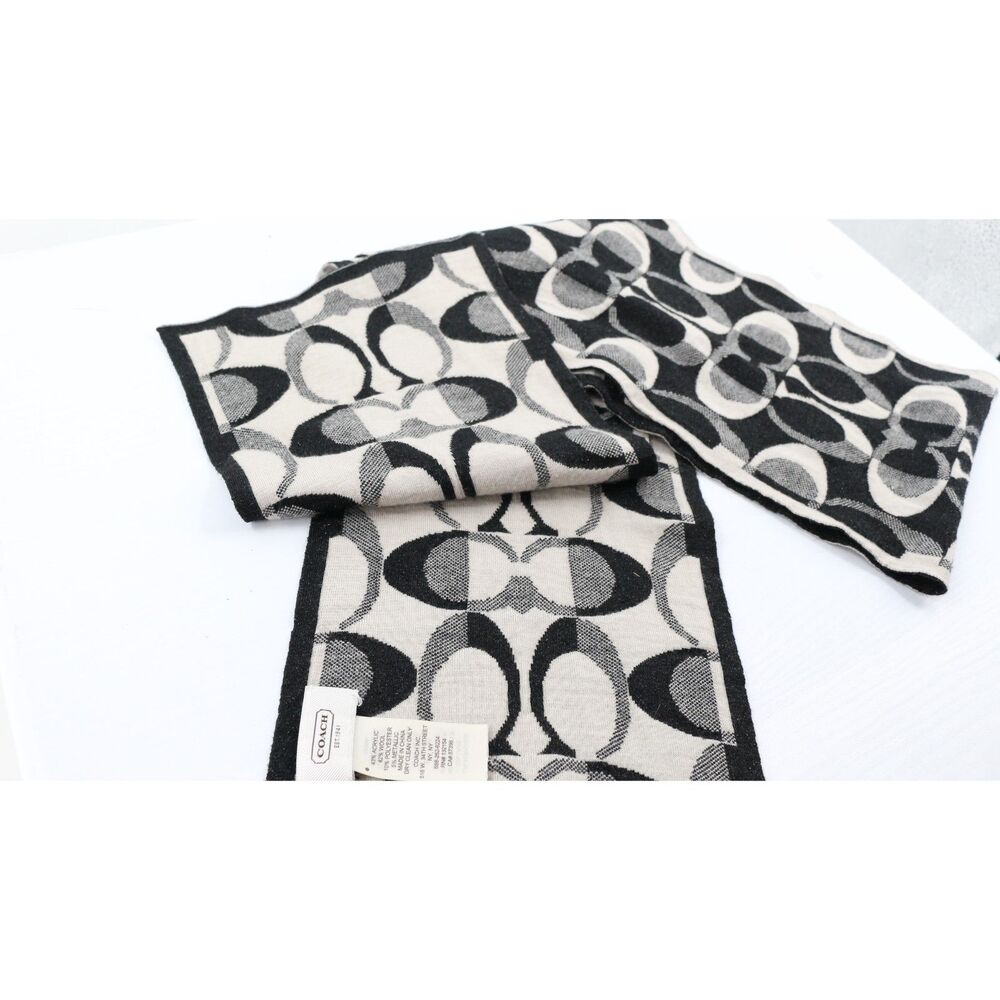 Coach AOP Logo Wool Blend Scarf Black and White Duotone Reversible